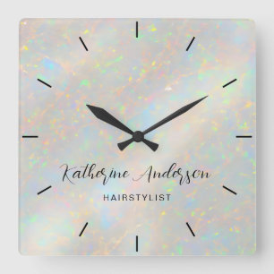 Elegant Opal Stone Personalized Name Business Square Wall Clock