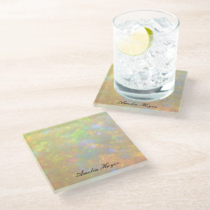 Elegant Opal Stone Texture Modern Script Custom Glass Coaster