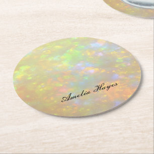 Elegant Opal Stone Texture Modern Script Custom Round Paper Coaster