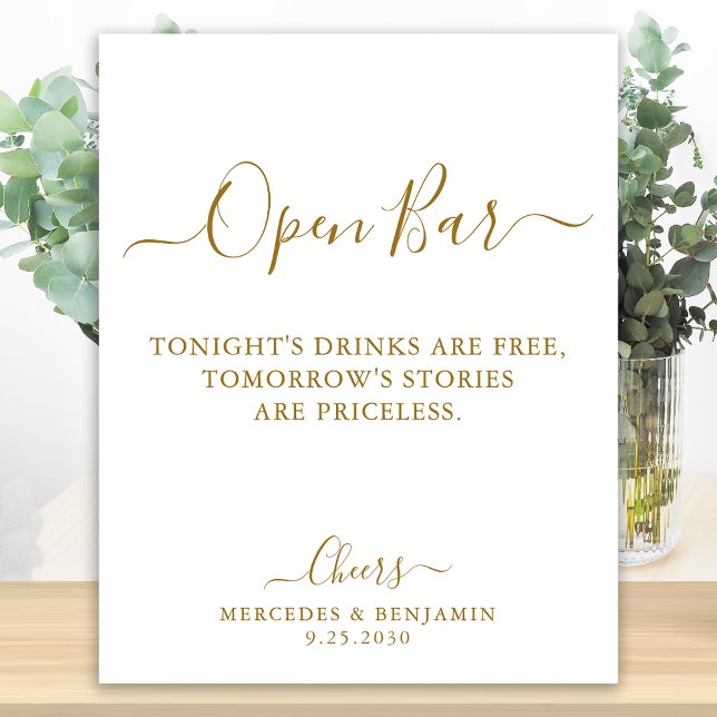 Elegant Open Bar Gold Script Personalized Wedding Poster (Creator Uploaded)
