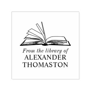 Elegant Open Book “From the Library of” Name Self-inking Stamp