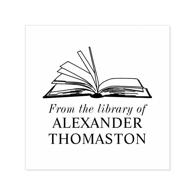 Elegant Open Book “From the Library of” Name Self-inking Stamp (Design)