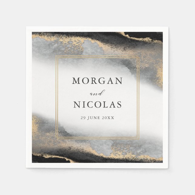 Elegant Opulence Black and Gold Modern Wedding Napkin (Front)