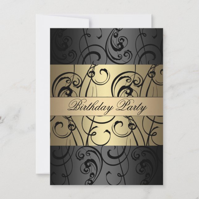 Elégant or & Black Swirl Invitation Anniversaire (Devant)