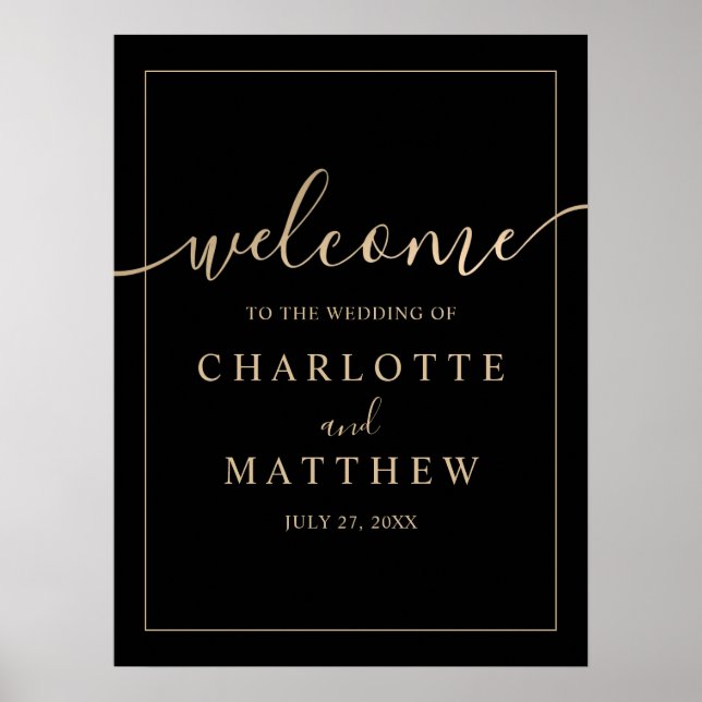 Elégant or & Black Welcome Mariage Poster (Devant)