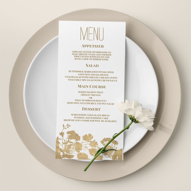 Elégant or blanc fleur sauvage luxe Mariage Menu (Elegant white gold wildflower luxury Wedding Menu)