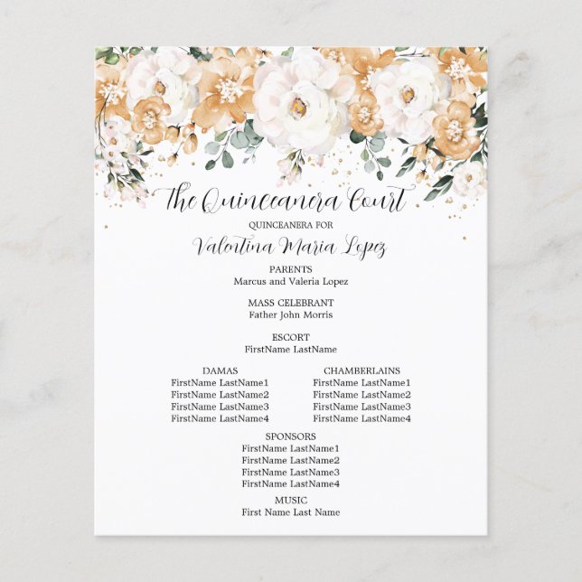 Élégant or blanc Rose Floral Quinceanera Programme (Devant)