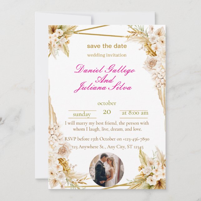 Elégant or et Faire-part de mariage floral beige (Devant)