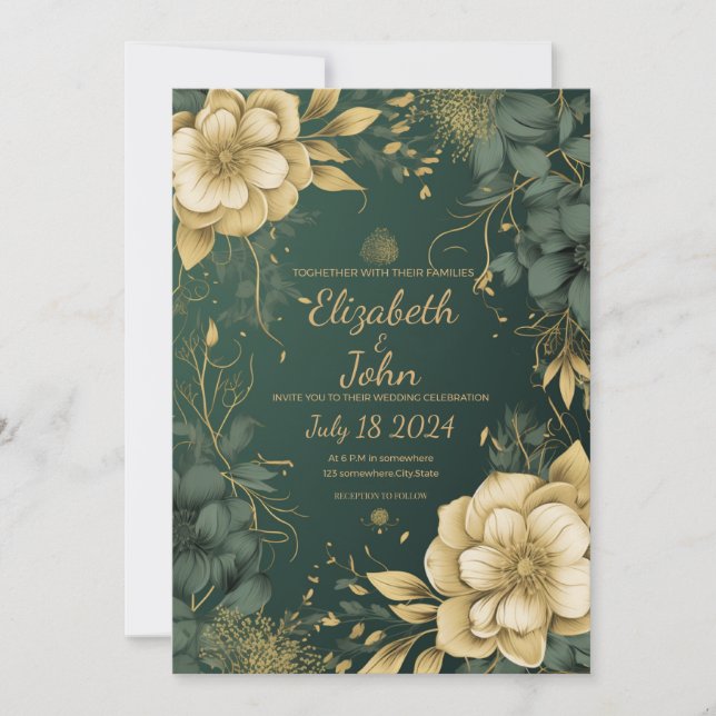 Elégant or et Faire-part de mariage verte. (Devant)