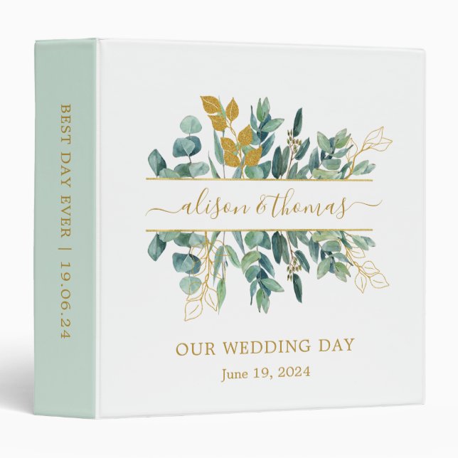 Elégant or Eucalyptus Classeur Mariage (Devant/Côté)
