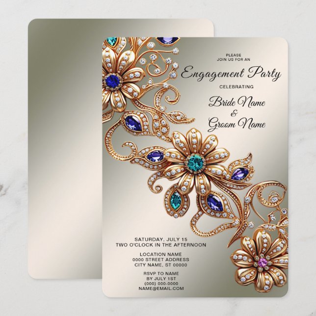 Elégant or fleuris Fiançailles Invitation (Devant / Derrière)