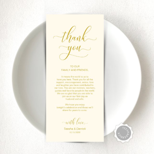 Elégant or jaune, Carte de remerciements de réglag (Elegant Yellow Gold, Place Setting Thank You Card, Modern Elegant Wedding Dinner Celebration)