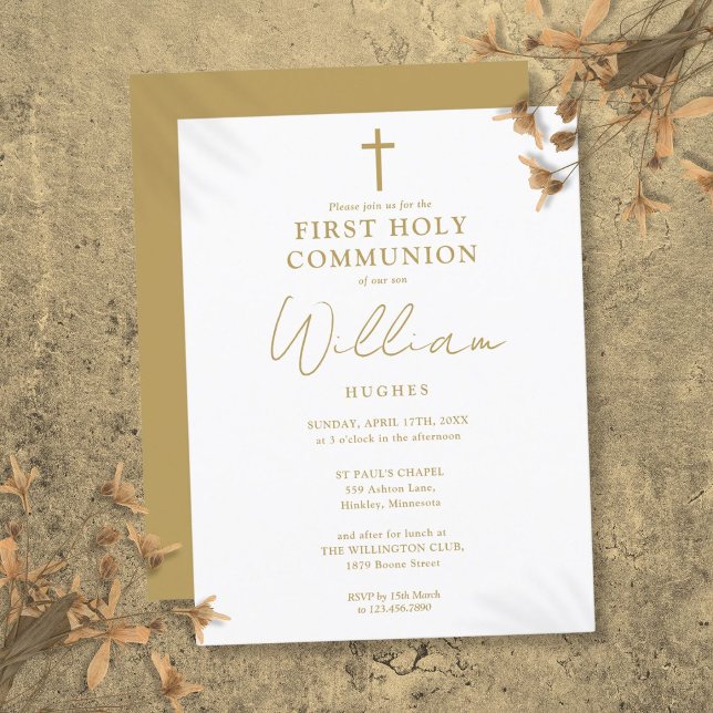 Elégant or Première Sainte Communion Invitation (Elegant Gold First Holy Communion Invitation Postcard)