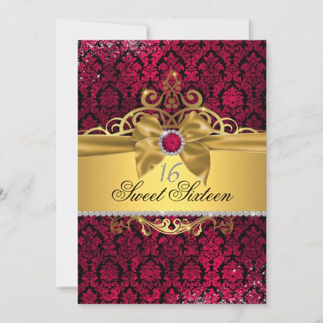 Élégant or rose Damask Sweet sixteen Invitation (Devant)