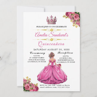 Elégant or rose Floral Quinceanera Invitation