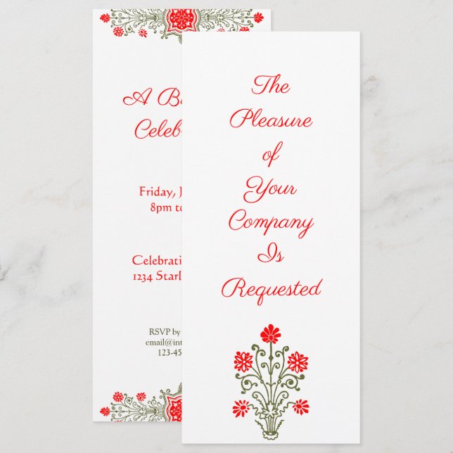 Elégant or & Rouge Floral Art Invitations personna (Devant / Derrière)