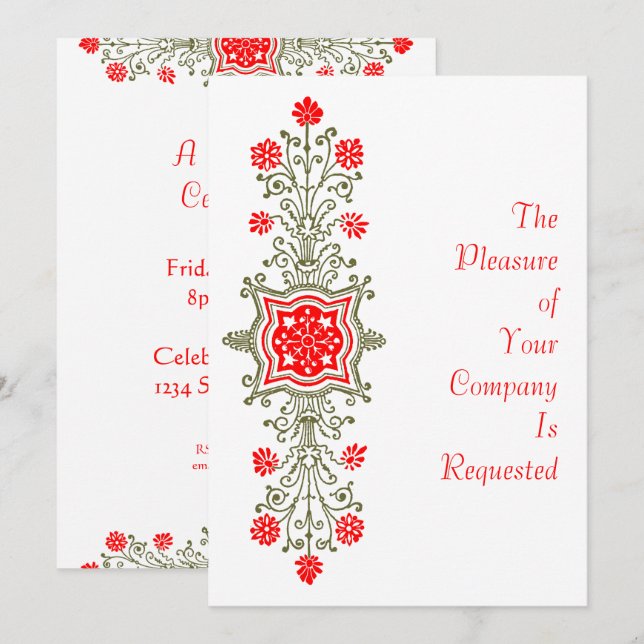 Elégant or & Rouge Floral Art Invitations personna (Devant / Derrière)