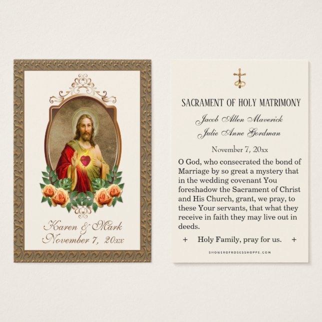 Elégant Or Sacré Coeur Jésus Mariage Cartes sainte (Devant & derrière)
