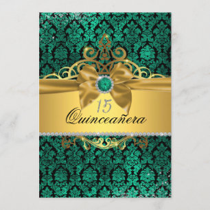 Elégant or Turquoise Damask Quinceanera Invitation