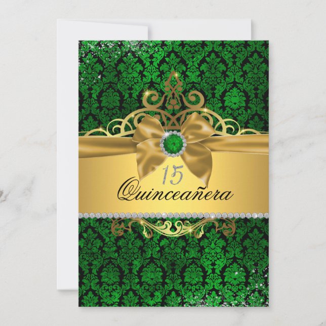 Elégant or vert Damask Quinceanera Invitation (Devant)