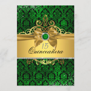 Elégant or vert Damask Quinceanera Invitation