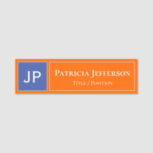 Elegant Orange And Blue: Professional Monogrammed Name Tag