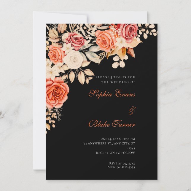 Elegant Orange and White Roses Black Wedding Invitation (Front)