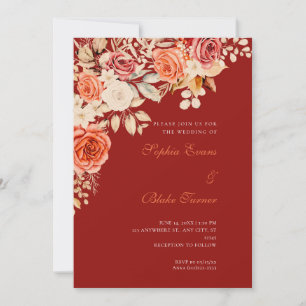 Elegant Orange and White Roses Scarlet Red Wedding Invitation
