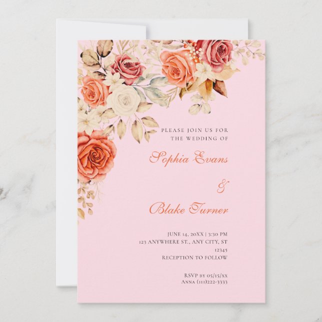 Elegant Orange and White Roses Soft Pink Wedding Invitation (Front)