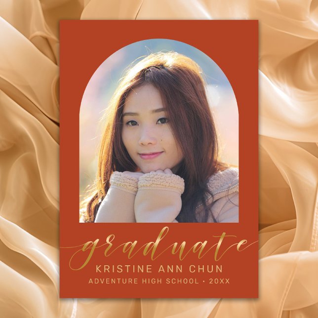 Elegant Orange Arch Gold Script Photo Graduation Announcement (Orange and Gold Script Photo Graduation Announcement)