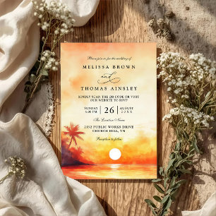 Elegant Orange Beach Sunset QR Code Wedding Invitation