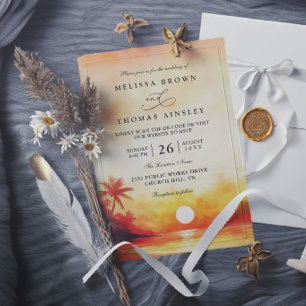 Elegant Orange Beach Sunset Tropical Palm Wedding Invitation