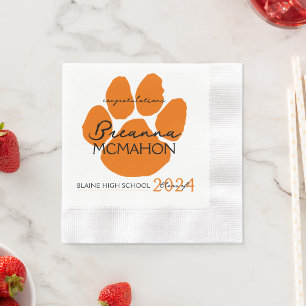 Elegant Orange & Black Graduation Pawprint Paper Napkin
