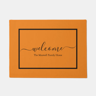 Elegant orange black script family name welcome doormat