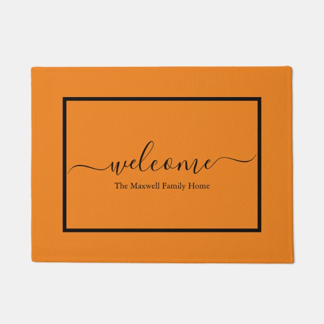 Elegant orange black script family name welcome  doormat (Front)