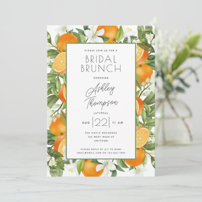 Elegant Orange Blossom Foliage Bridal Shower Invitation (Standing Front)