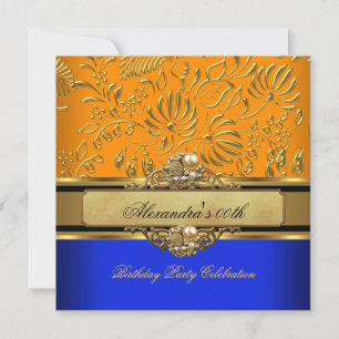 Elegant Orange Blue Gold Damask Birthday Party Invitation
