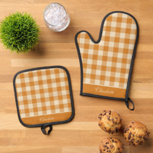 Elegant Orange & Cream Lumberjack Tartan Custom Oven Mitt & Pot Holder Set