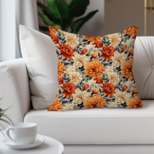 Elegant Orange Cream Teal Floral  Throw Pillow