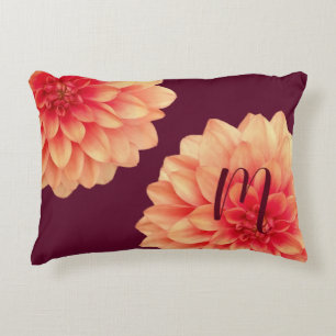 Elegant Orange Dahlias Flowers Burgundy Monogram Accent Pillow