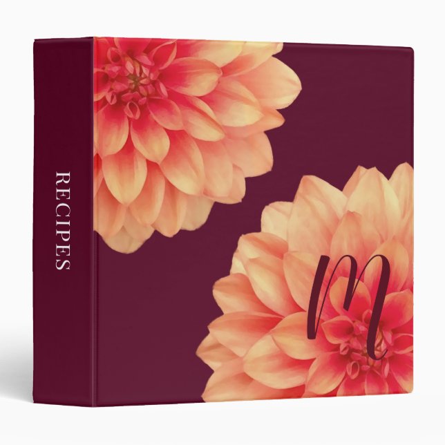 Elegant Orange Dahlias Flowers Burgundy Monogram Binder (Front/Spine)