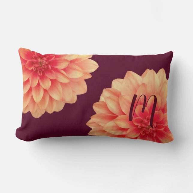 Elegant Orange Dahlias Flowers Burgundy Monogram Lumbar Pillow (Front)