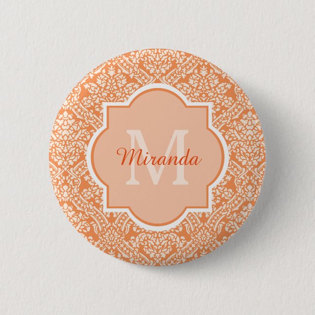 Elegant Orange Damask Pattern Monogram and Name 2 Inch Round Button (Front)