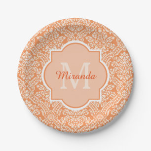 Elegant Orange Damask Pattern Monogram and Name Paper Plate