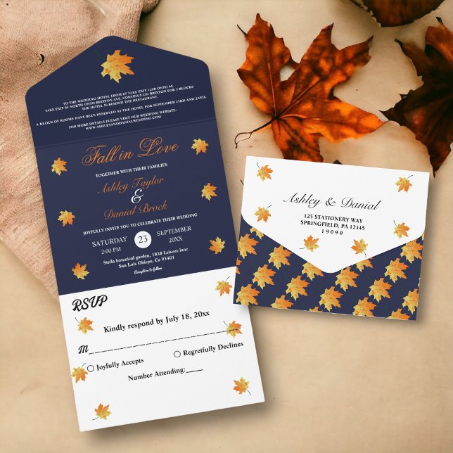 Elegant Orange Fall Leaves Blue Floral Wedding All In One Invitation (Creator Uploaded)