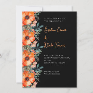 Elegant Orange Floral and Greenery Black Wedding Invitation