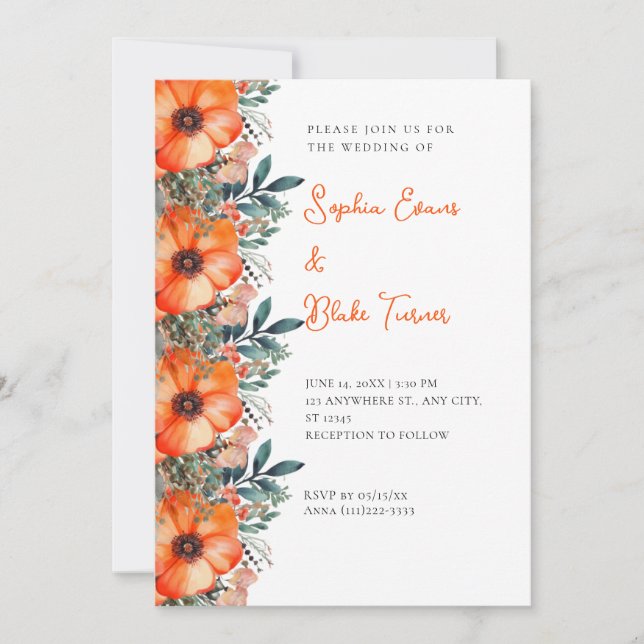 Elegant Orange Floral and Greenery White Wedding Invitation (Front)