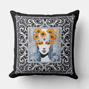 Elegant Orange Floral Art Deco Of A Beautiful Lady Throw Pillow