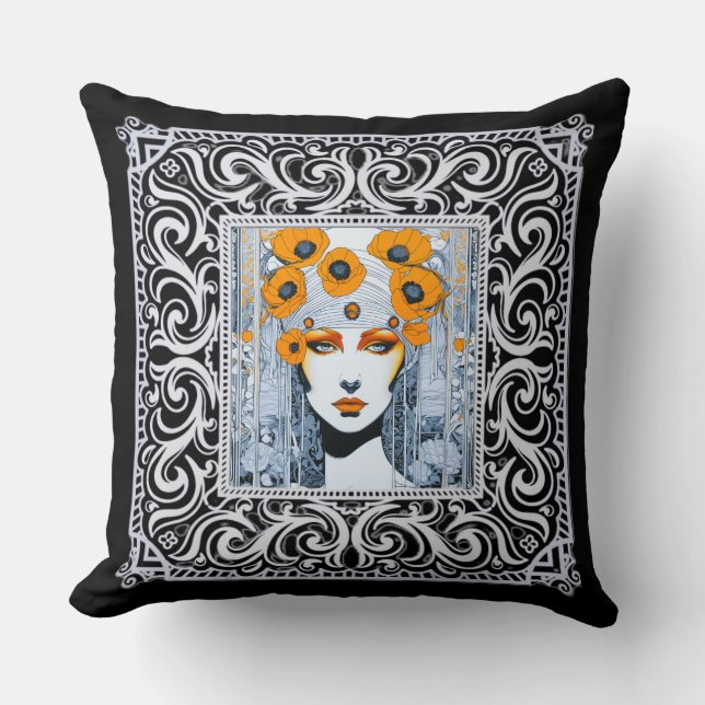 Elegant Orange Floral Art Deco Of A Beautiful Lady Throw Pillow (Front)