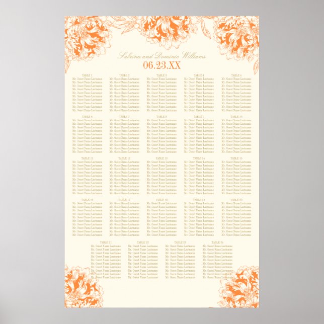 Elegant Orange Floral Peony Wedding Seating Poster (Front)